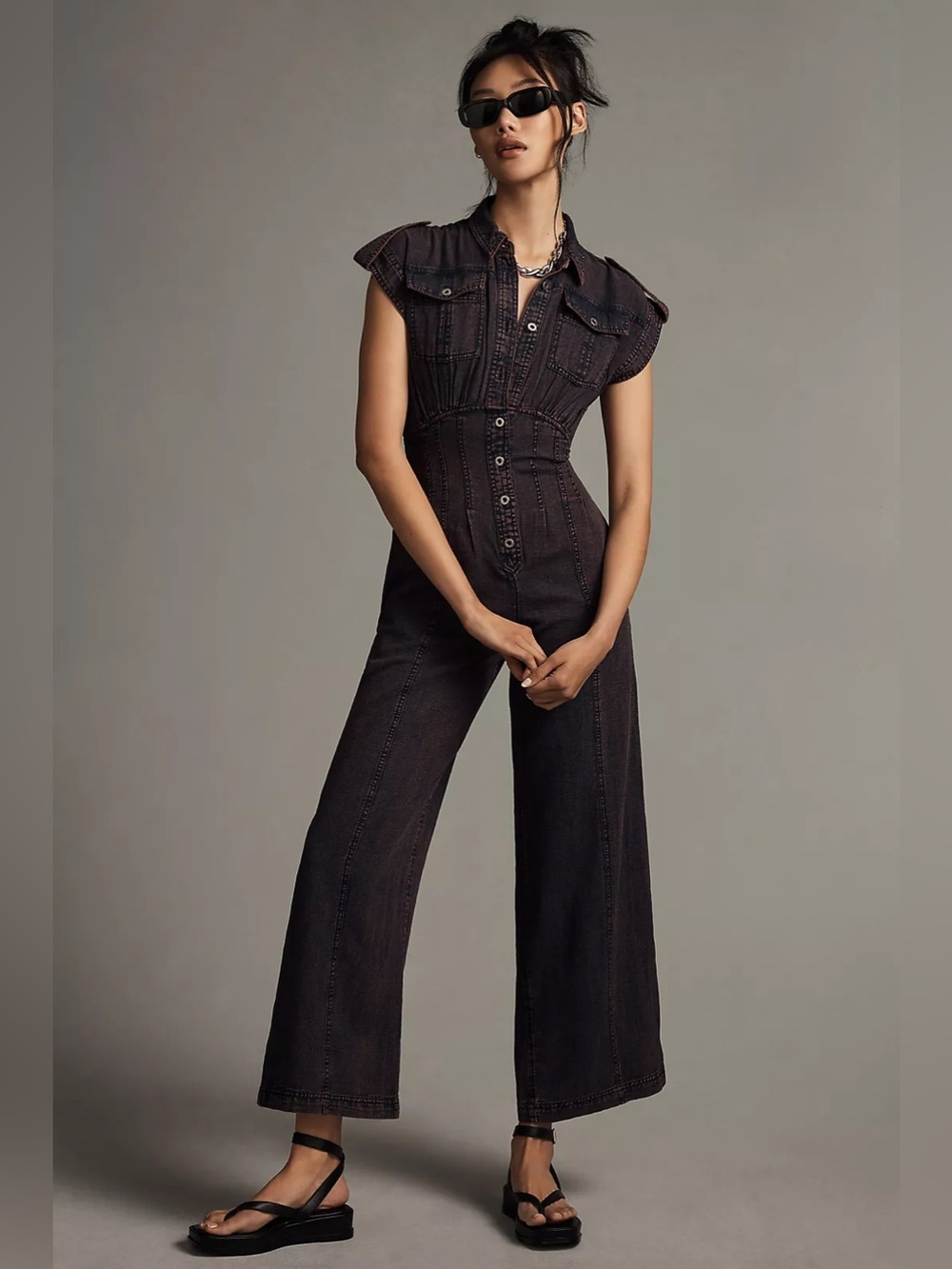 Anthropologie Open-Back Buttondown Wide Leg Jumpsuit Size 0P 90s Chic Boho